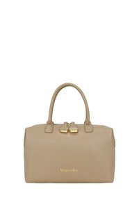 Borsa a mano in pelle beige con una texture liscia, forma arrotondata, doppi manici superiori e dettagli in ottone dorato. Logo visibile sul davanti.