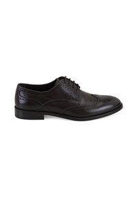 Chaussure de ville en cuir marron avec un design à lacets, des détails perforés, un bout rond et un petit talon noir. Texture lisse et forme classique.