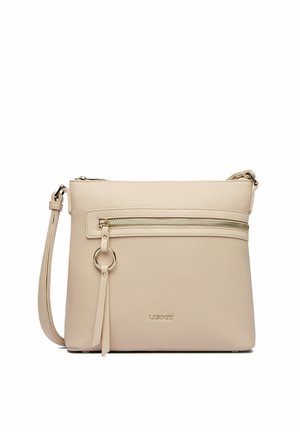 Beige crossbodytas met een voorvak met ritssluiting, lange verstelbare riem en metalen ringdetail aan de ritstrekker, met het merk LASOCKI aan de voorkant.