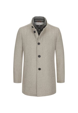 Helle graue Wolljacke mit tailliertem Schnitt, Knopfverschluss, hohem Kragen und kontrastierender Innenauskleidung. Glatte Textur mit dezentem Muster.