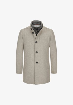 Helle graue Wolljacke mit tailliertem Schnitt, Knopfverschluss, hohem Kragen und kontrastierender Innenauskleidung. Glatte Textur mit dezentem Muster.