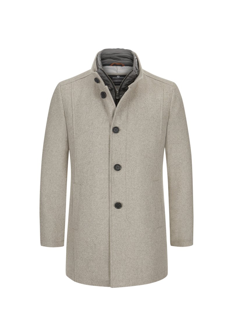 Helle graue Wolljacke mit tailliertem Schnitt, Knopfverschluss, hohem Kragen und kontrastierender Innenauskleidung. Glatte Textur mit dezentem Muster.