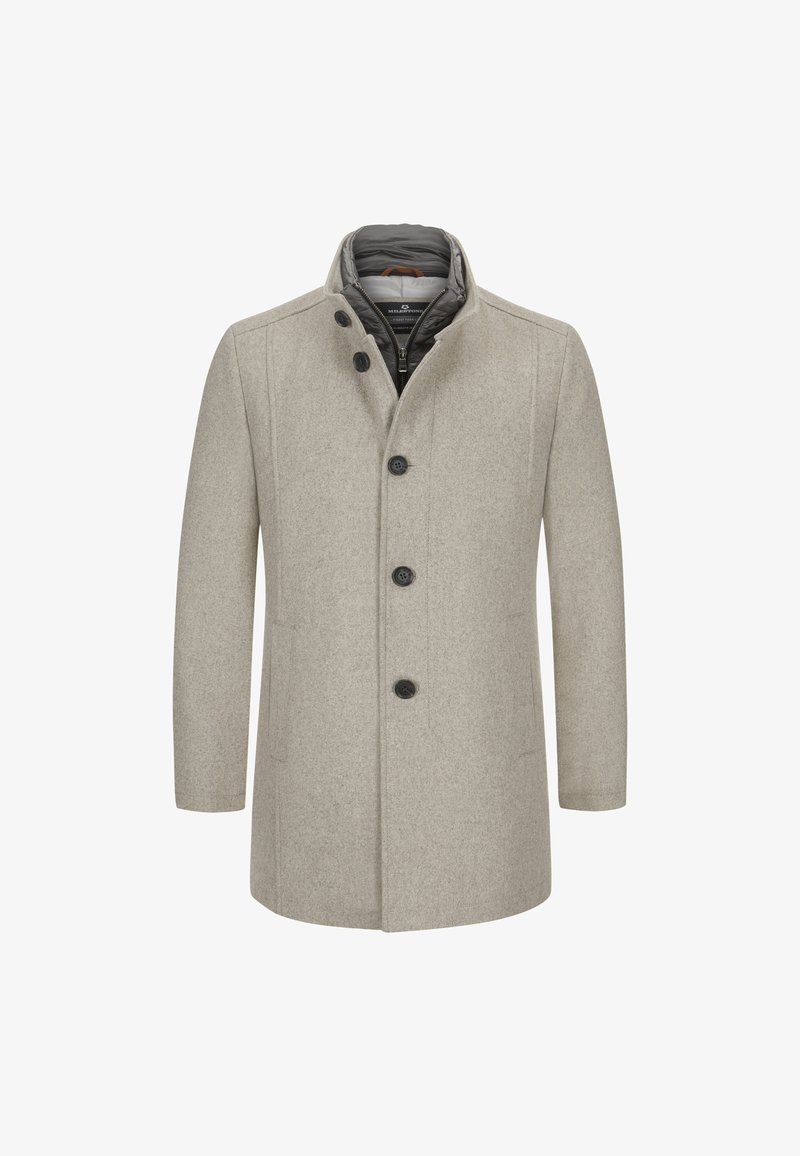 Helle graue Wolljacke mit tailliertem Schnitt, Knopfverschluss, hohem Kragen und kontrastierender Innenauskleidung. Glatte Textur mit dezentem Muster.