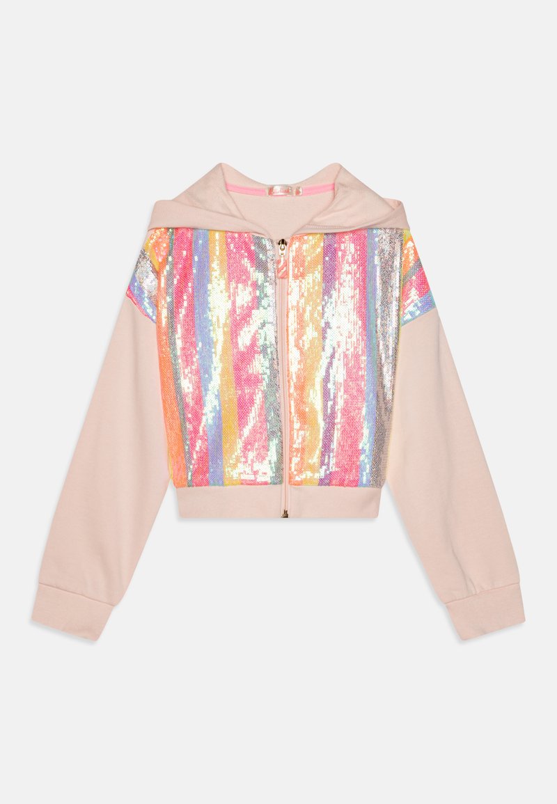 Gekruiste hoodie van zacht roze stof met een voorrits. Heeft een stippenpaneel in verticale regenboogstrepens over de borst en schouders.