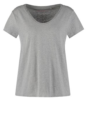 Lyhythihainen, vaaleanharmaa V-pääntie T-paita, jossa on hieman rento istuvuus ja hienovarainen tekstuuri.