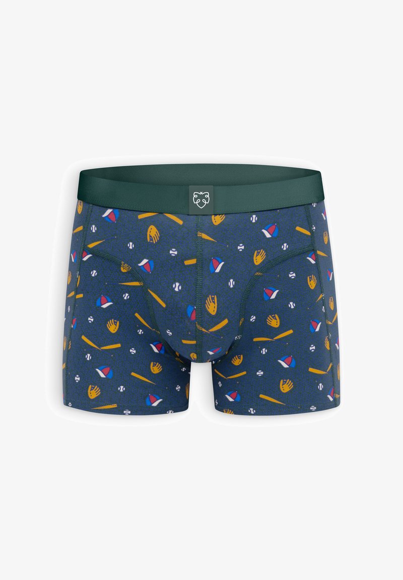 Navy boxer briefs with a green waistband featuring a fun pattern of baseball gloves, balls, and bats in yellow, red, and white.