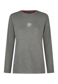 Graues Langarm-T-Shirt mit Rundhalsausschnitt und "Holly Jolly" Stickerei. Innen ist es mit einem karierten Rot-Grün-Muster bedruckt.