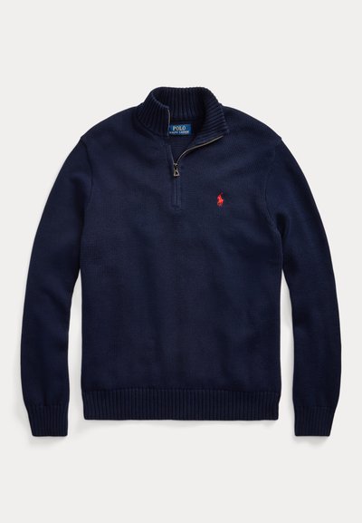 Granatowy sweter z półzamkiem, z prążkowanym kołnierzem, mankietami i dołem, z małym czerwonym haftowanym logo Polo Ralph Lauren na lewej piersi.