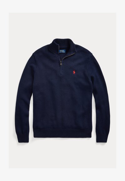 Granatowy sweter z półzamkiem, z prążkowanym kołnierzem, mankietami i dołem, z małym czerwonym haftowanym logo Polo Ralph Lauren na lewej piersi.