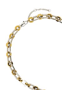 Naszyjnik z łańcuszka ze złota i srebra z ogniwami splatającymi się ze sobą; zawiera mix kształtów geometrycznych oraz zapięcie typu homar z przedłużanym łańcuszkiem.