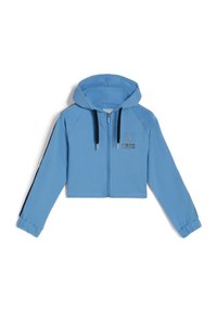 Sudadera azul recortada con cremallera frontal, mangas largas, cordones en azul marino y un pequeño logo en el pecho. Tejido suave y ligero.