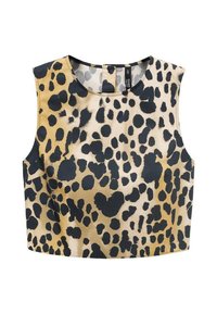 Korte top met luipaardprint, voorzien van een ronde hals, zonder mouwen, een satijnachtige textuur en een mix van beige en zwarte kleuren.