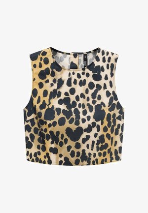 Leopard print crop top featuring a round neckline, sleeveless cut, satin-like texture, and a mix of beige and black colors.