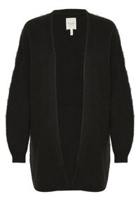 Cardigan negru cu deschidere frontală, mâneci lungi și o textură moale, pufoasă. Se remarcă printr-o croială lejeră și mansete ribbate la mâneci.