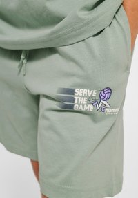 Ljusgröna träningsshorts gjorda av mjukt tyg, med en tryckt grafik som visar texten "Serve the Game" och en volleybollikon.