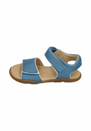 Blue leather children's sandal with two adjustable Velcro straps and a light brown sole.
