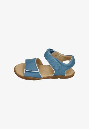 Blaue Kindersandale aus Leder mit zwei verstellbaren Klettverschlüssen und einer hellbraunen Sohle.