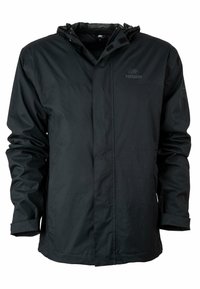 Zwarte waterdichte jas van synthetisch materiaal, met een capuchon, een rits aan de voorkant, verstelbare manchetten en een logo op de borst.