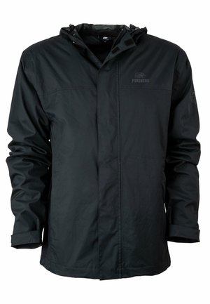 Zwarte waterdichte jas van synthetisch materiaal, met een capuchon, een rits aan de voorkant, verstelbare manchetten en een logo op de borst.