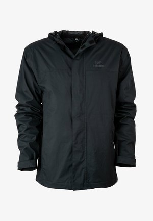 Zwarte waterdichte jas van synthetisch materiaal, met een capuchon, een rits aan de voorkant, verstelbare manchetten en een logo op de borst.