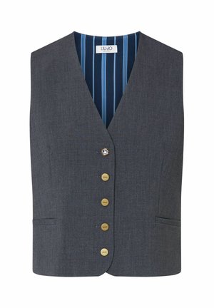 Gilet sans manches gris foncé avec cinq boutons dorés, dont un décoratif, et une doublure intérieure rayée bleue avec une étiquette au niveau du col.