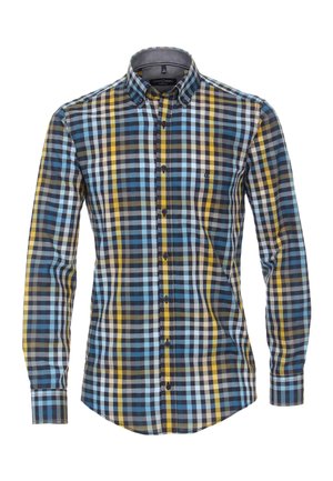 Chemise à manches longues avec boutons, motif à carreaux bleu, jaune, gris et blanc, col boutonné.