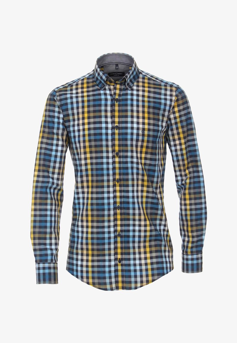 Chemise à manches longues avec boutons, motif à carreaux bleu, jaune, gris et blanc, col boutonné.