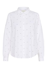 Chemise blanche à boutons fabriquée en coton. Elle dispose d'un col évasé, de manches longues et d'un motif de petites impressions de logos foncés sur l'ensemble.