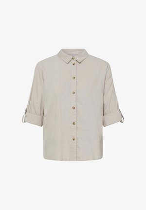 Beige langærmet skjorte med knapper, krave og opsmøgede ærmer, der er fastgjort med knappede stropper.