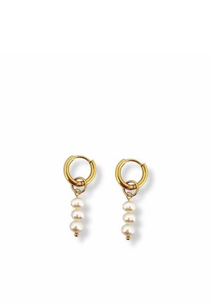 Gold hoop earrings with three small white pearls hanging in a vertical line from each hoop on a white background.