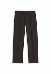 Pantaloni marroni scuri con un design a gamba dritta, dotati di pieghe frontali, chiusura con bottone e una texture di tessuto liscia.