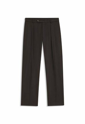 Pantaloni marroni scuri con un design a gamba dritta, dotati di pieghe frontali, chiusura con bottone e una texture di tessuto liscia.