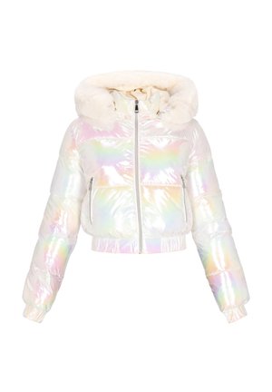 Kurtka puchowa w iryzującym kolorze o krótkim kroju, z kapturem podszytym sztucznym futrem, zamkiem błyskawicznym z przodu oraz elastycznymi mankietami. Kolor zmienia się pod wpływem światła.