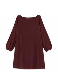 Robe bordeaux avec un col arrondi, des manches longues bouffantes et une coupe ample, confectionnée dans un tissu lisse et léger. Aucun motif ni accent visible.
