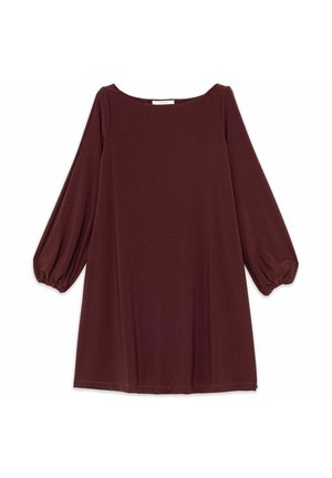 Abito bordeaux con scollo arrotondato, maniche lunghe a sbuffo e vestibilità ampia, realizzato in tessuto liscio e leggero. Nessun motivo o dettaglio visibile.