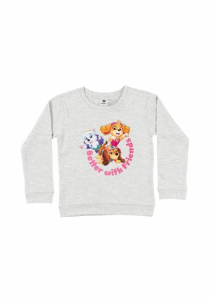 Hellgraues Langarmshirt mit bunten Cartoon-Welpen und pinkem Text „Better with Friends“ in der vorderen Mitte.