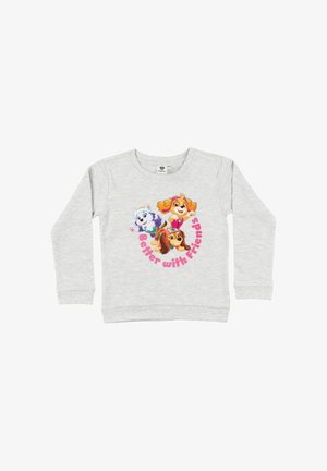 Light gray long-sleeve shirt with colorful cartoon puppies and pink text saying "Better with Friends" on the front center.