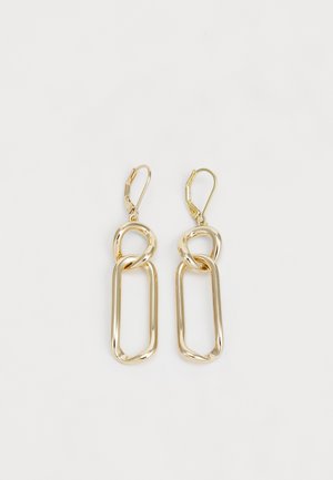 Aukso auskarai, turintys tarpusavyje susijungusias stačiakampio ir apvalių formų su blizgiu apdailu, pakabinti ant lankelių tipo užsegimų.