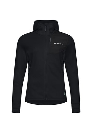 Schwarze Softshell-Jacke mit Reißverschluss, Kapuze und kleiner Brusttasche. Verfügt über kontrastierendes Material an der Tasche und an den Seitenreißverschlüssen.