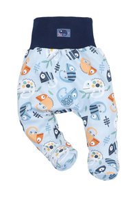 Blauwe babybroek met een navy geribde tailleband; versierd met kleurrijke kameleons en planten. Gemaakt van zachte, rekbare stof.