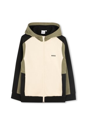 Veste à capuchon zippée en cream, vert olive et noir. Dotée de manches raglan, de panneaux contrastants et d'un logo sur la poitrine. Matériau en molleton doux.