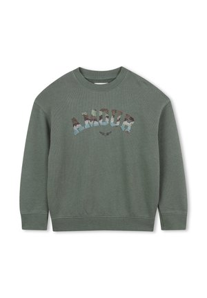 Green cotton sweatshirt featuring a crew neckline, long sleeves, and "AMOUR" in multicolored, textured letters across the front.