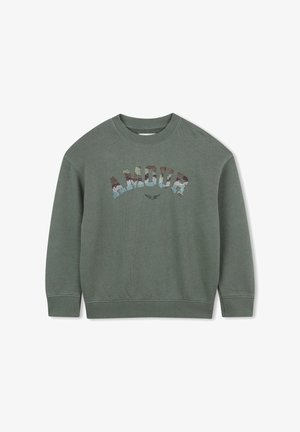 Groene katoenen sweatshirt met een ronde hals, lange mouwen en "AMOUR" in meerkleurige, textuur letters op de voorkant.