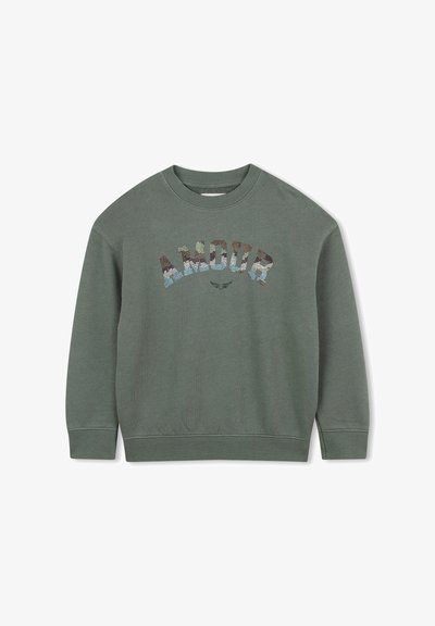 Grüner Baumwoll-Sweatshirt mit Rundhalsausschnitt, langen Ärmeln und "AMOUR" in bunten, strukturierten Buchstaben auf der Vorderseite.
