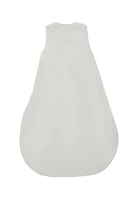 Weißer Schlafsack mit ärmellosem Design, glatter Textur und abgerundetem Boden. Der Stoff wirkt weich und ungeschmückt.