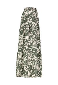 Maxikleid aus weißem und grünem Blumenmuster mit elastischem Bund, gestuftem Design und fließender Textur.