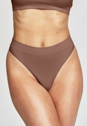 Höga, ribbade bikinitrosor i en dämpad brun färg. Har en slät yta och en minimalistisk design utan synlig hårdvara.