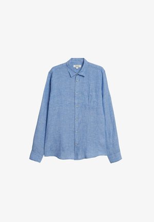 Himmelblaues Hemd aus Leinen mit strukturierter Oberfläche. Verfügt über lange Ärmel, eine Brusttasche und ein klassisches Kragendesign.