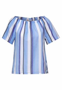 Haut décolleté bleu et blanc à rayures, manches courtes, avec des largeurs de rayures variées et un col froncé pour plus de texture.