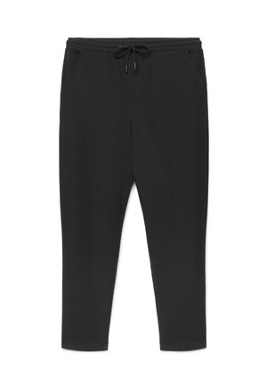 Pantaloni da jogging neri a gamba stretta con vita con coulisse e tasche laterali, mostrati distesi su sfondo bianco.